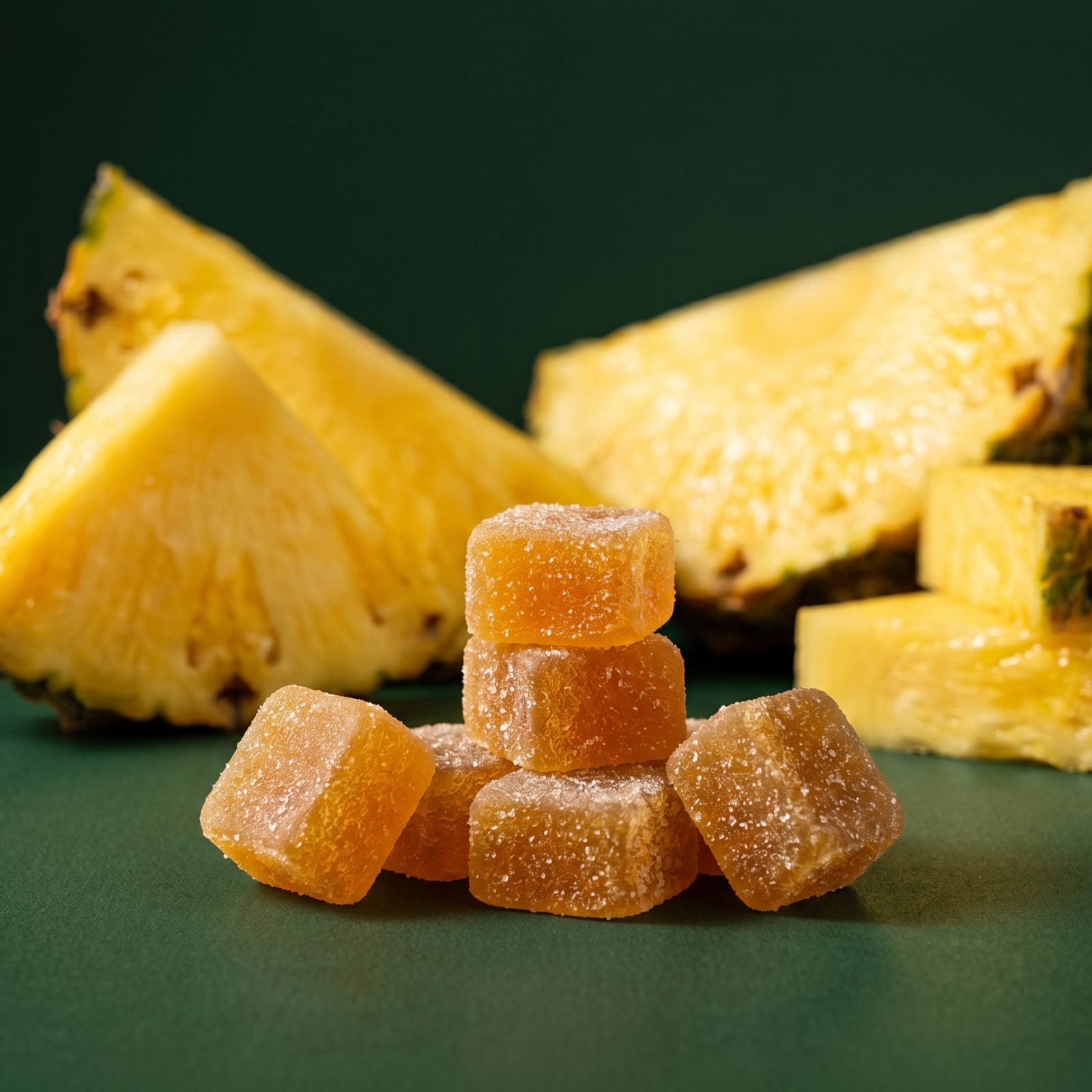 A stack of pineapple creatine gummies in front of fresh pineapple slices