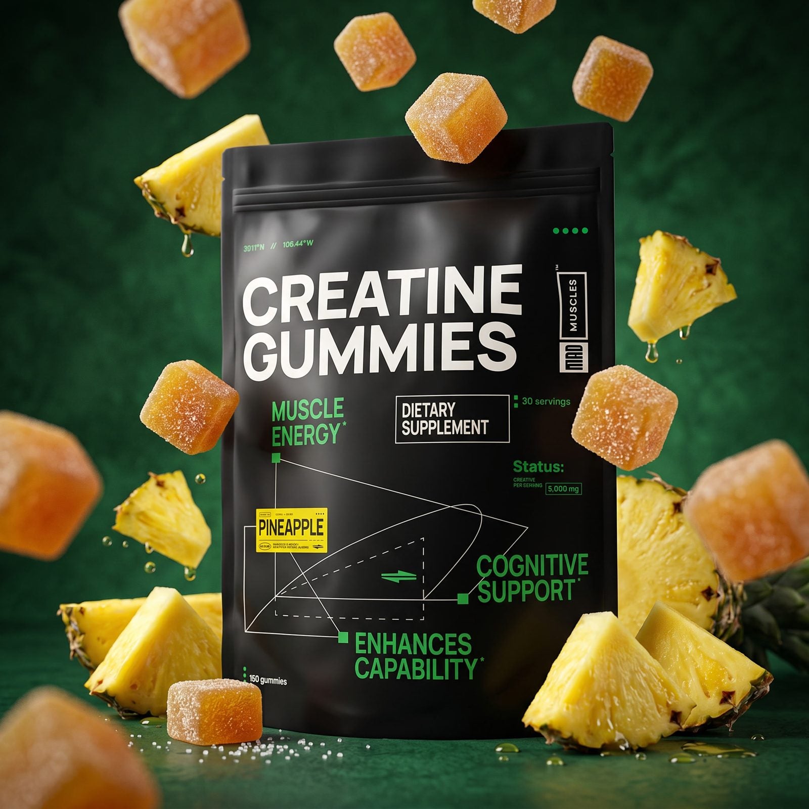 Mad Muscles Creatine Gummies pouch, pineapple flavor, surrounded by falling gummies and pineapple pieces